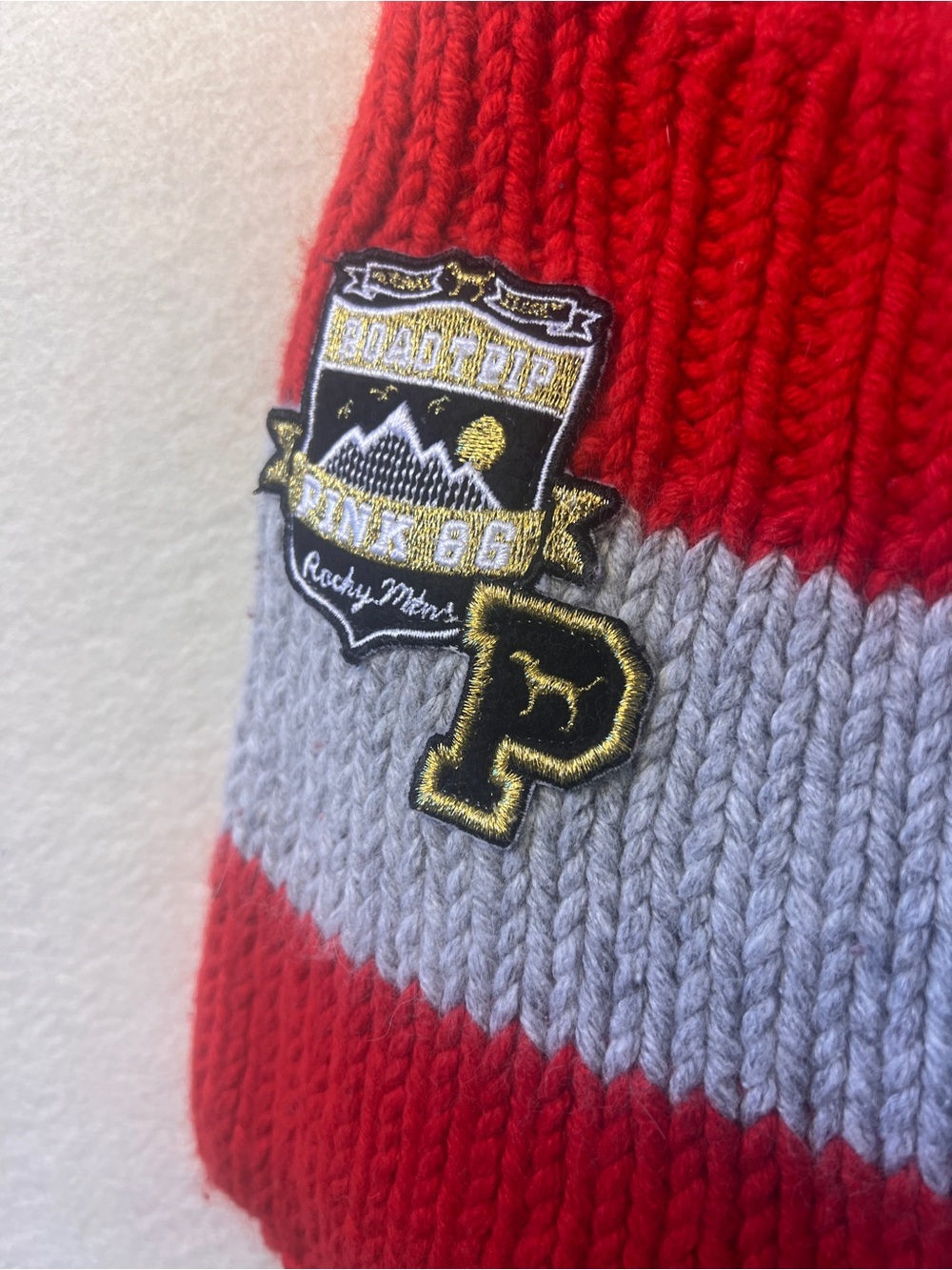 PINK Victoria's Secret Red and Gray Striped Knit Scarf with Pocket Patches - Picture 3 of 5